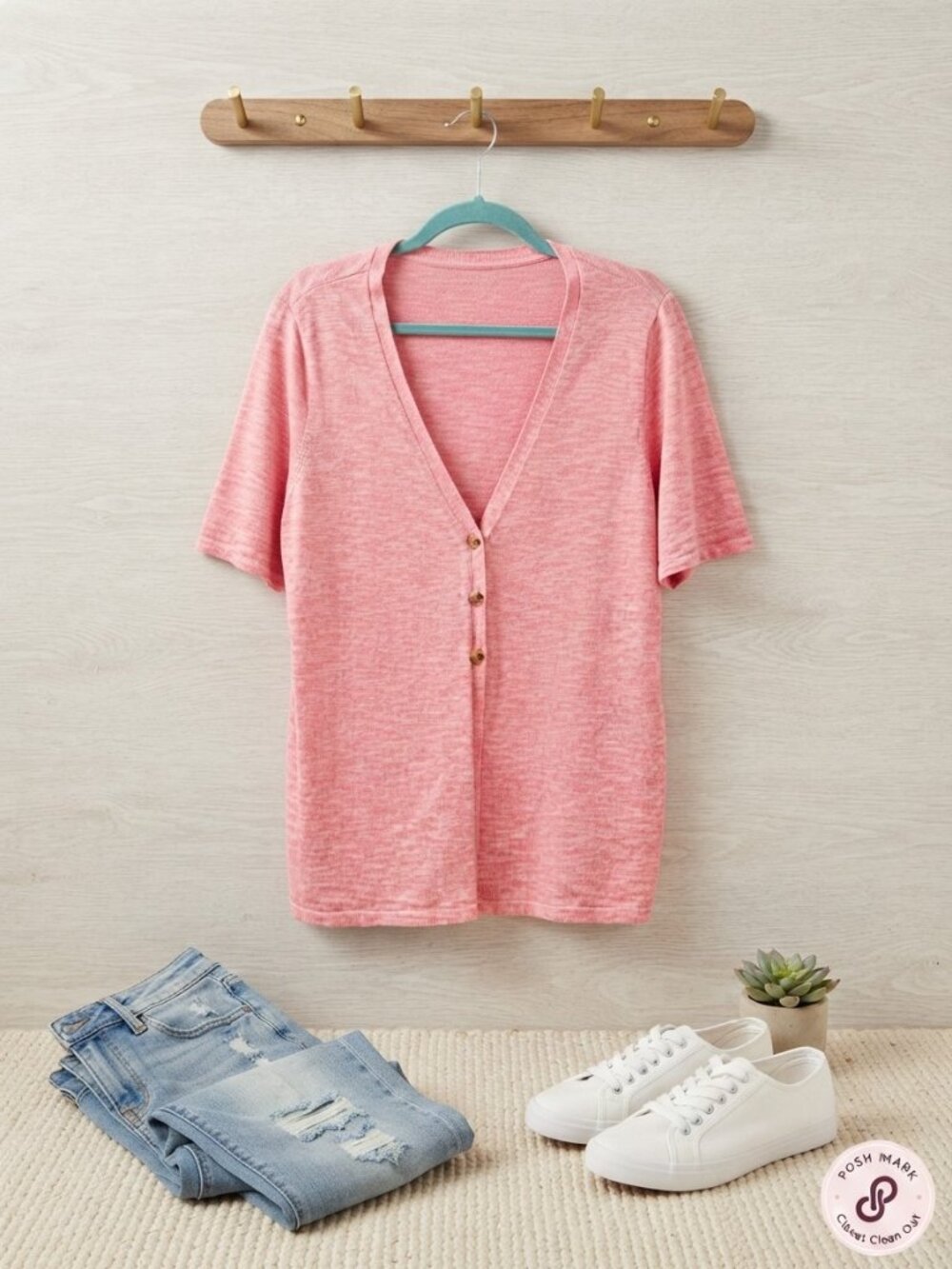 Light Knit V-Neck Short Sleeve Button Cardigan Top Sweater Pink XXL